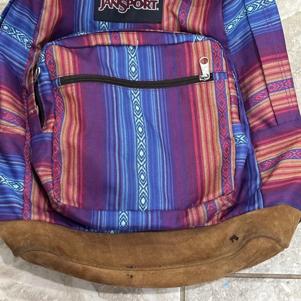 JanSport Originals Backpack Southwestern Stripe Canvas Suede Bottom Blue Purple